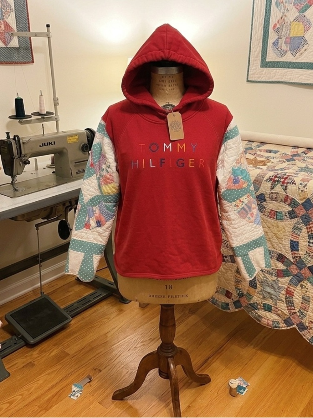Tommy Hilfiger Upcycled  Red Hoodie with added Quilted Patchwork Sleeves